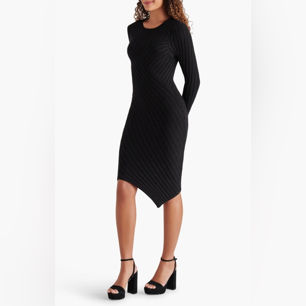 NWT Steve Madden Serina Bodycon Sweater Dress Asymmetric Hem Black Size S